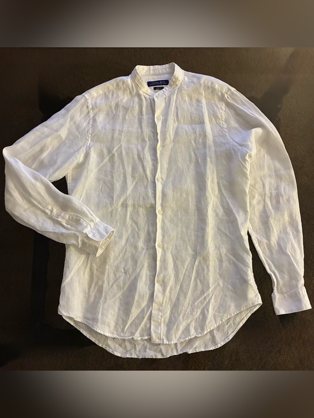 Zara Men's White Band-Collar Linen Button-Down Shirt